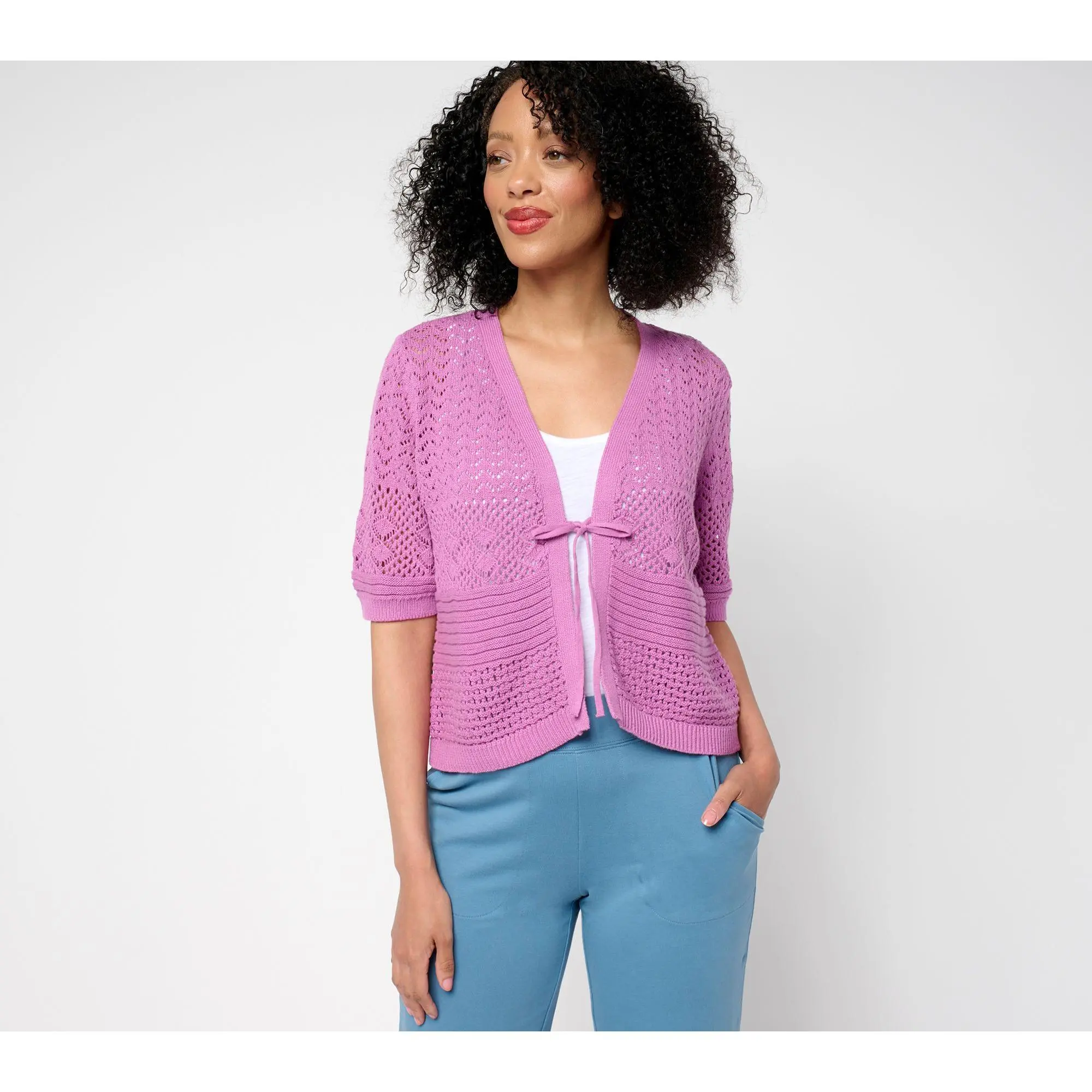 Denim & Co. 100% Cotton Pointelle Elbow Sleeve Tie Cardigan