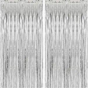 2 Pack Silver Foil Curtain Party Streamers Metallic Tinsel Foil Fringe Photo Booth Backdrop for Birthday Wedding Engagement Baby Shower Bachelorette Christmas Holiday Celebration Party Decorations