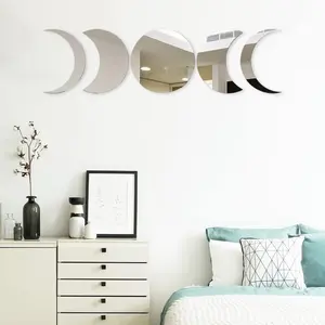 5-Piece Moon Phase Mirror Set - Self-Adhesive Bohemian Wall Stickers for Bedroom Living Room Office Decorative Metal Smooth Surface Installation Gift