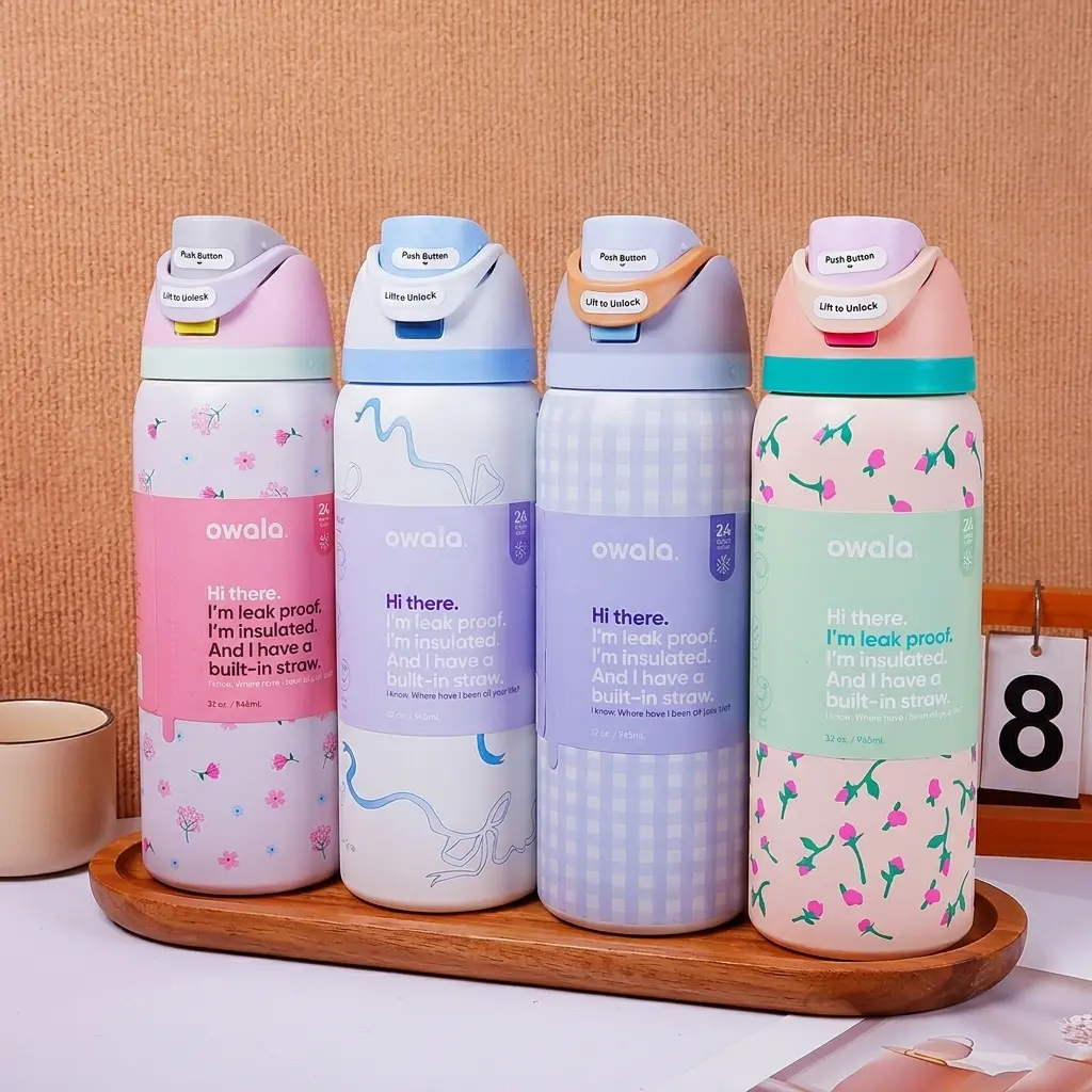 Owala FreeSip Insulated Stainless Steel Water Bottle with Straw, BPA-Free Sports Water Bottle, Great for Travel, Exclusive Limited 32oz Blue/Pink Bow, Candy Coated, Perfect Picnic