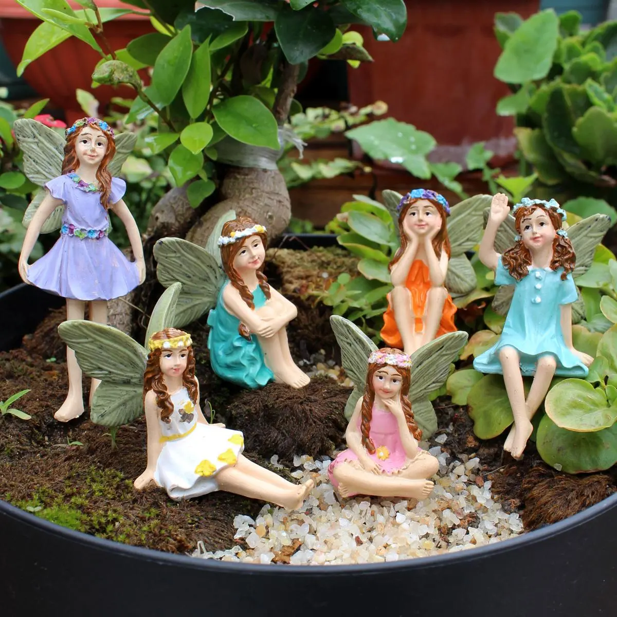 Garden Fairy Statue, Resin Sculptures, 6 Counts/set Mini Garden Fairy Ornament, Outdoor Garden Decoration, Home Decor Supplies for Garden, Patio, Yard
