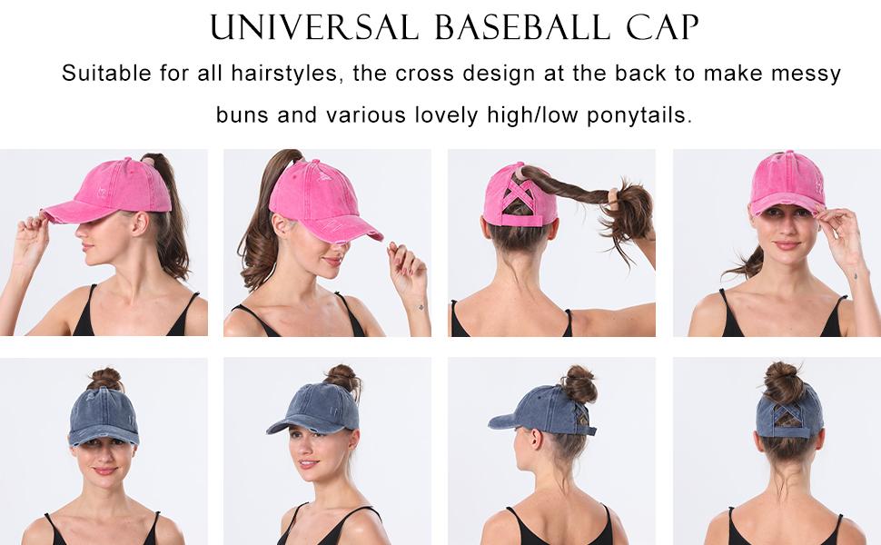 Criss Cross Ponytail Cap for Women - Adjustable High Bun Baseball Hat, UPF50+ Sun Protection, Washed Cotton