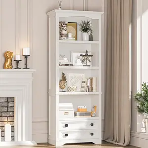 [SummerVibes] Vabches Bookcase and Bookshelf with Storage Drawers, White Bookcase with 4-Tier Open Shelves and 2 Drawers, Tall Bookcase Storage Shelves for Home Office, Living Room, Study, White