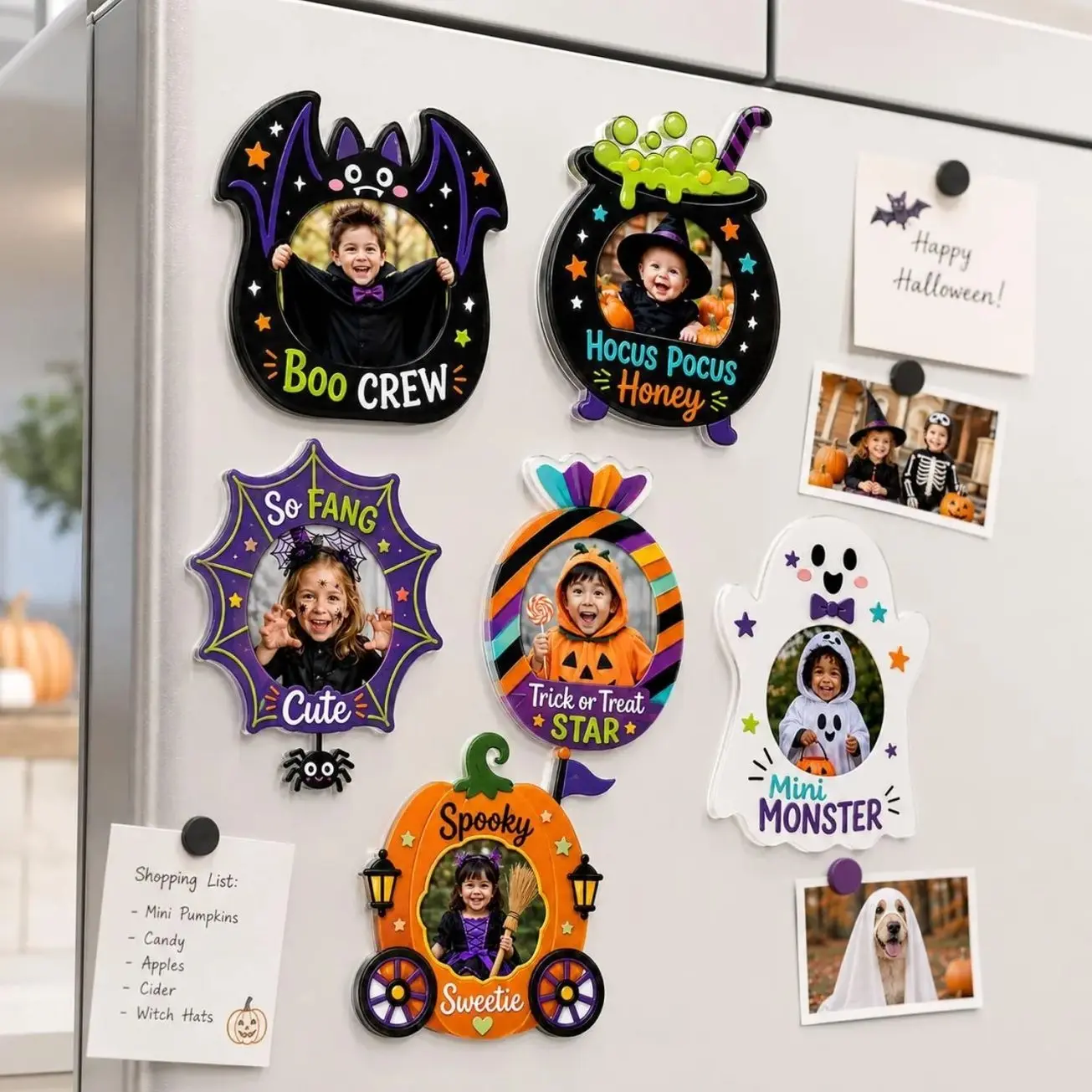 6 ops Personalized Halloween Photo Fridge Magnet 1 layer, Custom Picture Frame, Bat Ghost Pumpkin Keepsake