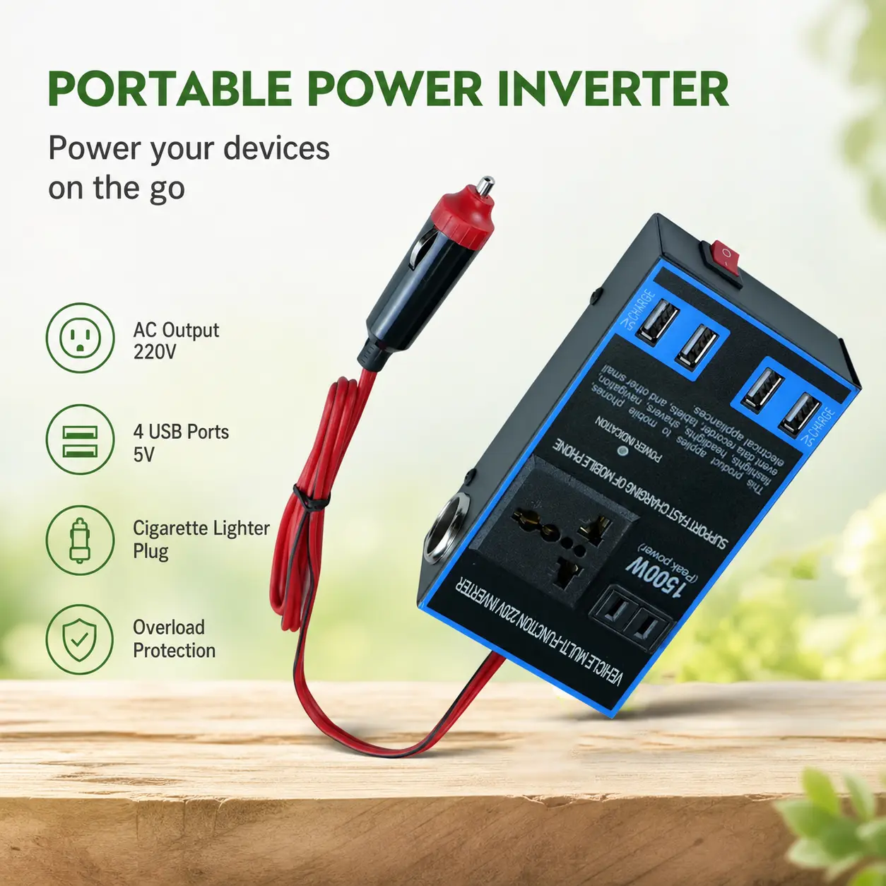 Multi-Function Car Power Inverter 12V 24V to 220V, 1500W Peak DC to AC Converter with 4 USB Ports for Mobile Devices & Small Electronics