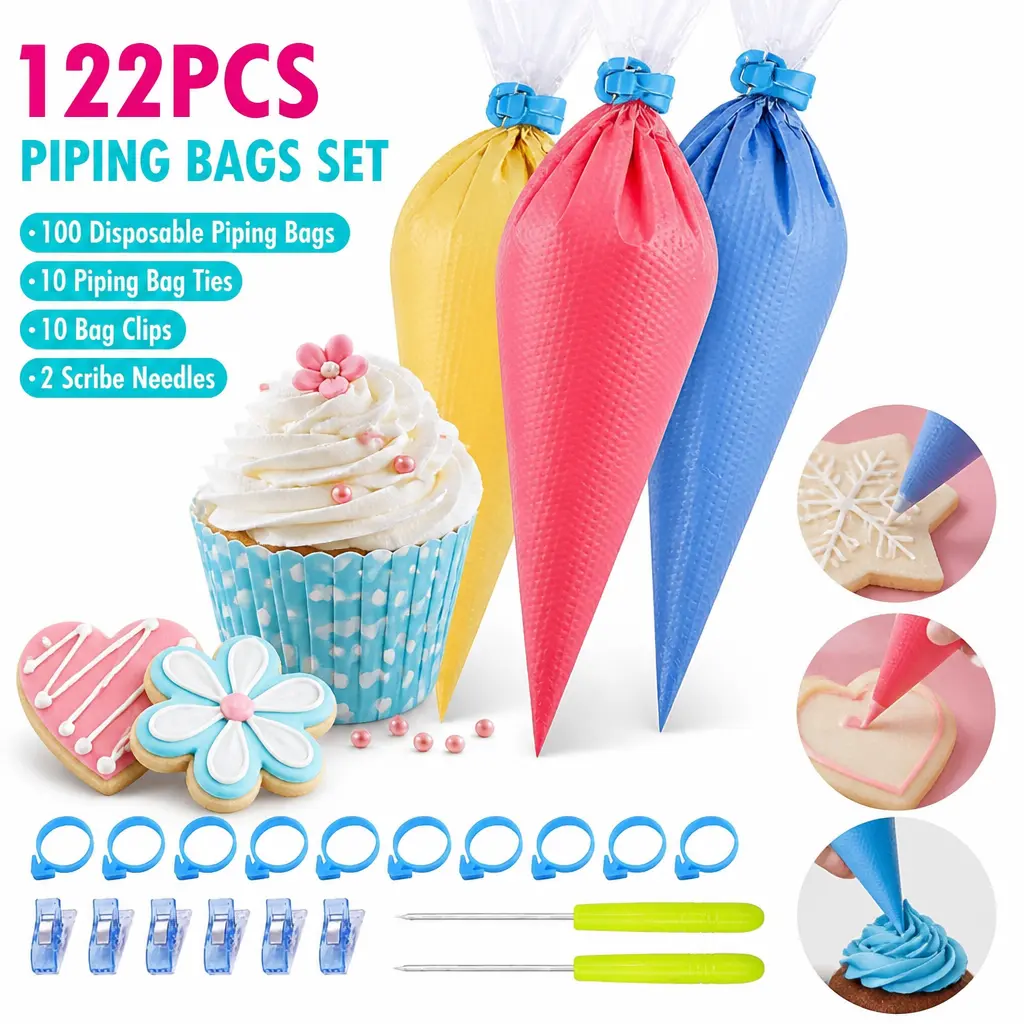 122pcs Disposable Tipless Piping Bags Baking Set for Bakers - 100 Bags, 10 Ties, 10 Clips, 2 Scribes, Anti-Burst for Royal Icing, Cake Decorating - Mid-Year Sale Restock