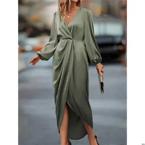 Maxi Dress Satin Hem Twist é Raffin tiktok a Lantern Sleeve Front Wrap Women Outfit