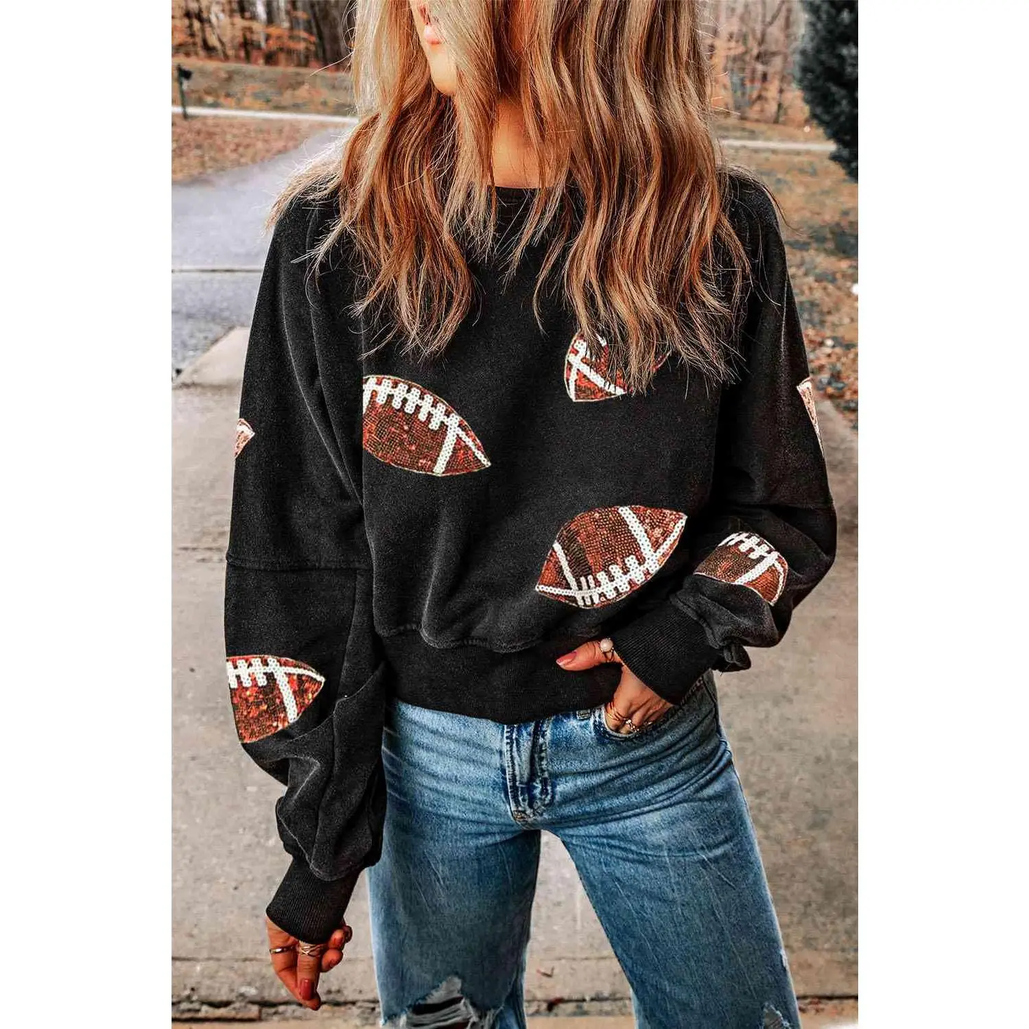 Sequin Football Patch Open Back Sweatshirt