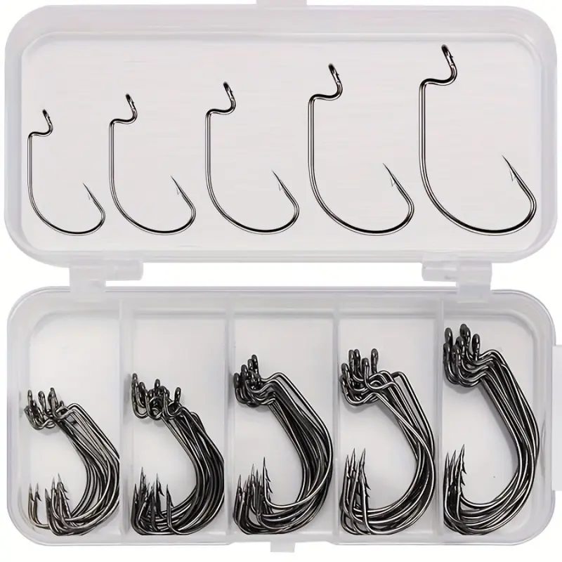 50-piece Boxed Crank Hooks, Fishing Hook Set With Barb, Wide Gap Soft Worm Hook For Sea Fishing, Fishing Tackle, Fishing Equipment, Fishing Supplies