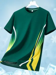 Men's 5-Piece American Style Printed Short Sleeve Drop Shoulder T-Shirt, Round Neck Ice Silk Lightweight Breathable Quick Dry Casual Top