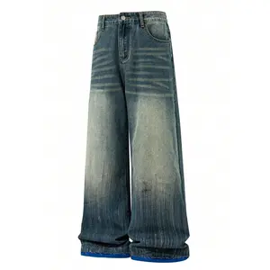 Men's New Wide Leg Jeans with Contrast Color Stitching at Cuffs, Trendy High Street Fashion Denim Pants