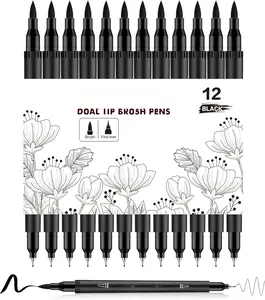 Drawing Pens, 12 Pack Dual Brush Pens Black Markers for Art Drawing Sketching