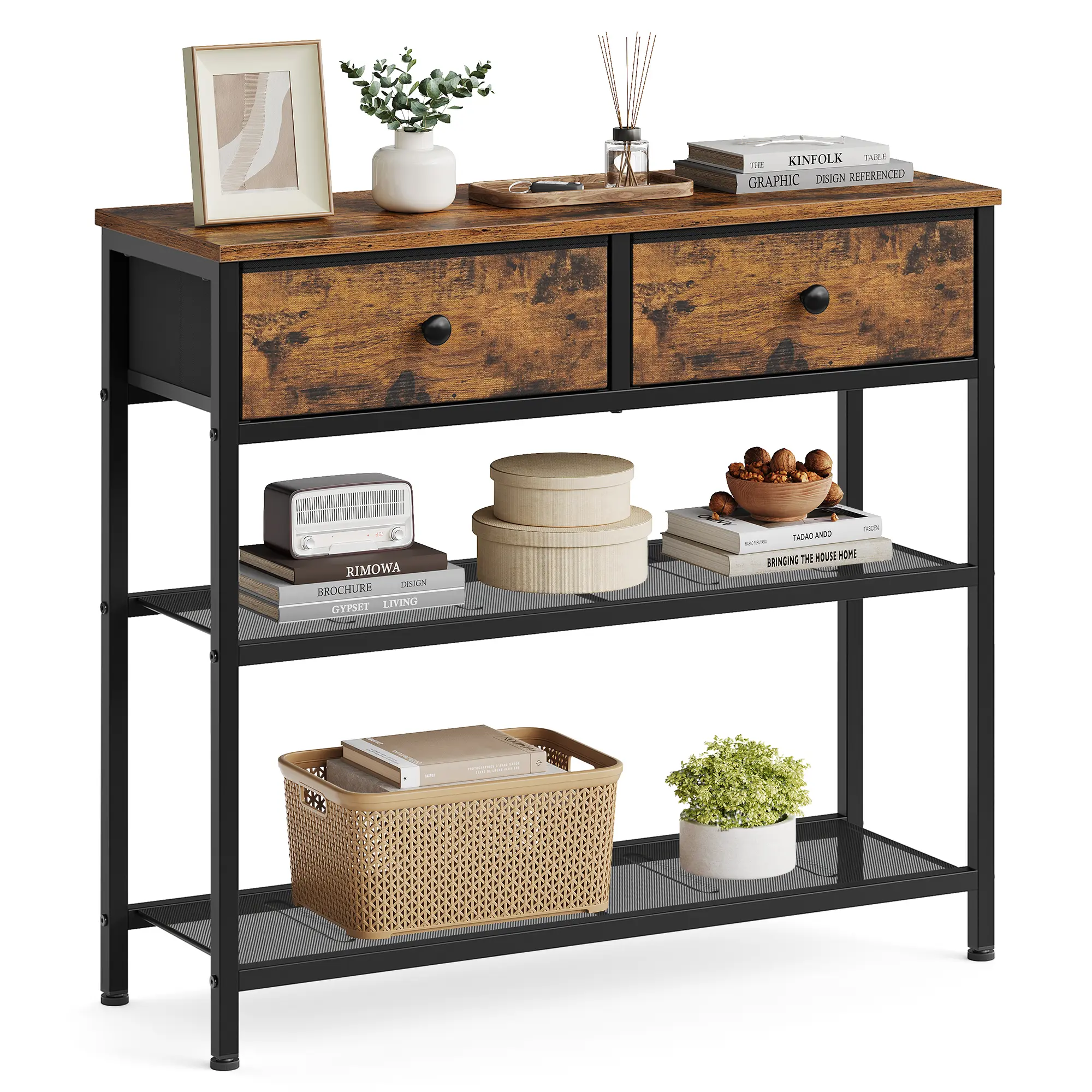 SONGMICS Narrow Entryway Console Table - Indoor Furniture with 2 Mesh Shelves, 2 Fabric Drawers, MDF Panels, Easy Setup for Modern Home Living Room Decor, Entryway Table