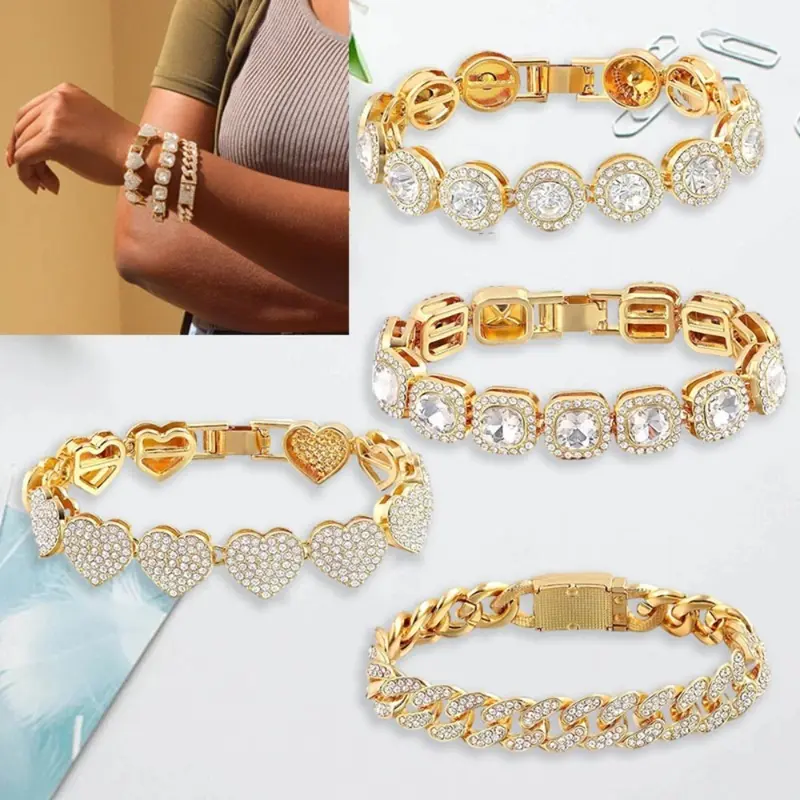 4pcs Hip Hop Style Bracelet, Golden Silvery Cluster Tennis Bracelet, Heart Round Cuban Bracelet, Multi-Layer Stacked Link Bracelet Set, Fashion Men'S And Women'S Jewelry Set