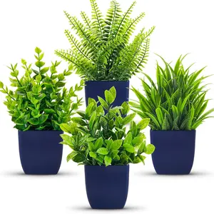 Der Rose 4 Pack Fake Plants Small Artificial Plants in Blue Pots Faux Plants Indoor for Home Room Bathroom Living Room Decor