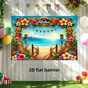 2d flat 1PC Hawaiian Alolha theme background cloth. Background cloth based on beach, hibiscus, frangipani and tiki torches. Suitable for summer carnival, garden party, birthday party decoration, outdoor party photo background, family photo photo backgroun