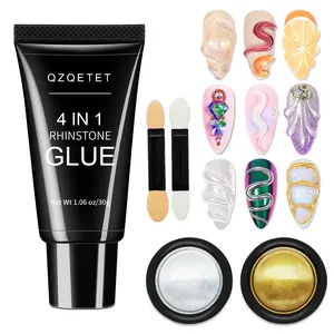 4-in-1 Rhinestone Nail Glue Gel and Chrome Powder Kit, 30g Super Strong Adhesive for Nail Art Crystals, Charms, Gems, Beads, Sequins – Long-Lasting 3D Nail Art Gel Glue for Acrylic & Gel Nails