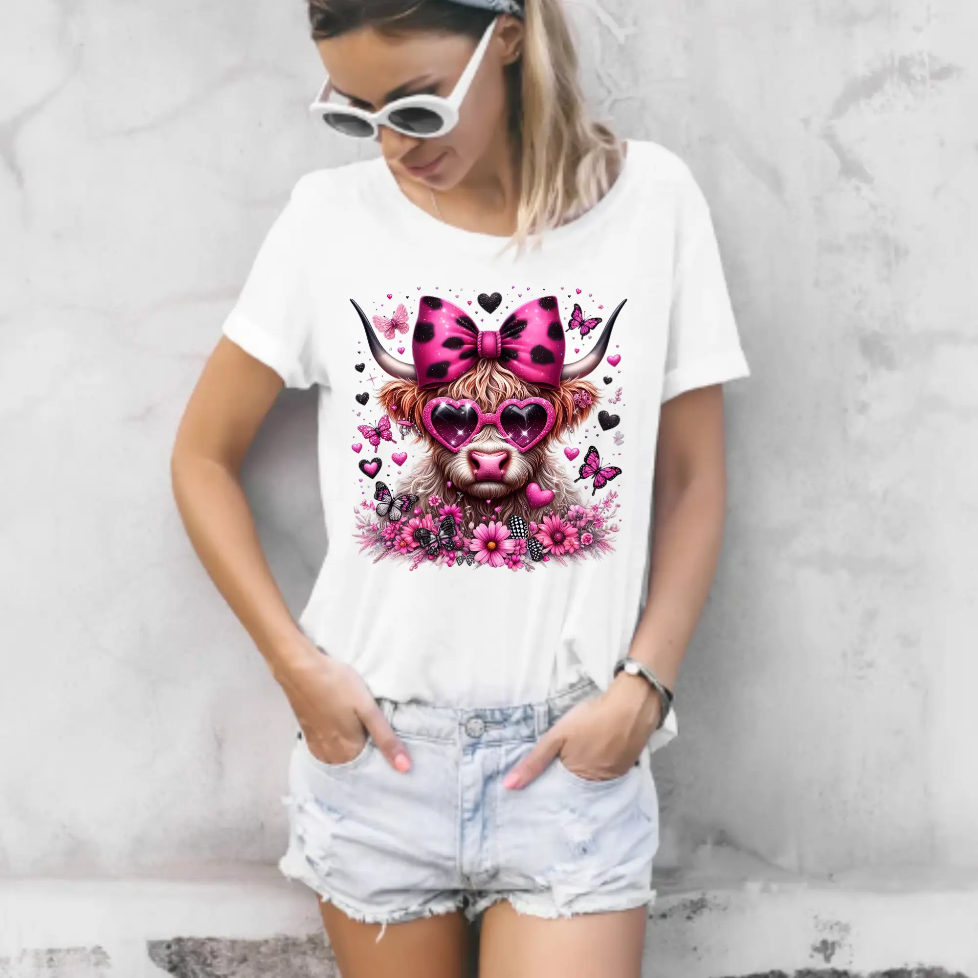 Ready-To-Press Highland Cow DTF Print Craft Supplies - Custom Stylish,Playful Design with Big Bow,Sunglasses,Flower Accents - Unisex Direct-To-Film Transfer for T-Shirts,Fans of the Breed - DIY Crafts Supplies,DIY Design for Casual Wear