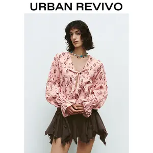 URBAN REVIVO Women's Chic Printed Lace-Up Front Blouse - Lady's Casual Print-Patterned Top for Spring, Women's Shirts & Blouses