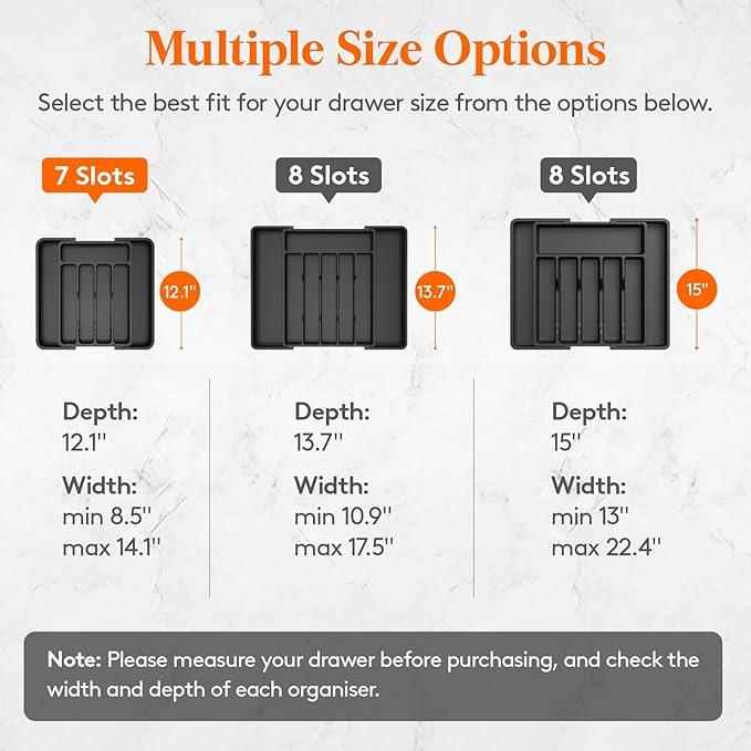 Silverware Drawer Organizer, Expandable Utensil Tray for Kitchen, BPA Free Flatware and Cutlery Holder, Adjustable Plastic Storage for Spoons Forks Knives, 8.5"-14.1" x 12.1", Black