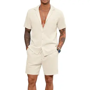 LecGee Men's Short Sleeve 2 Piece Set Simple Shirt Summer Button Vacation Linen Loose Pants Solid Color Causal Tracksuit