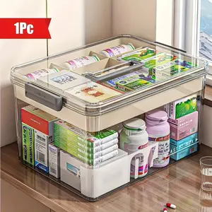 Large rectangular medicine storage box - BPA-free plastic medicine box, safe storage and easy access. Transparent multi-layer stackable box with locking cover, suitable for pharmacy, vitamins, cosmetics storage in bathrooms and kitchen cabinets.