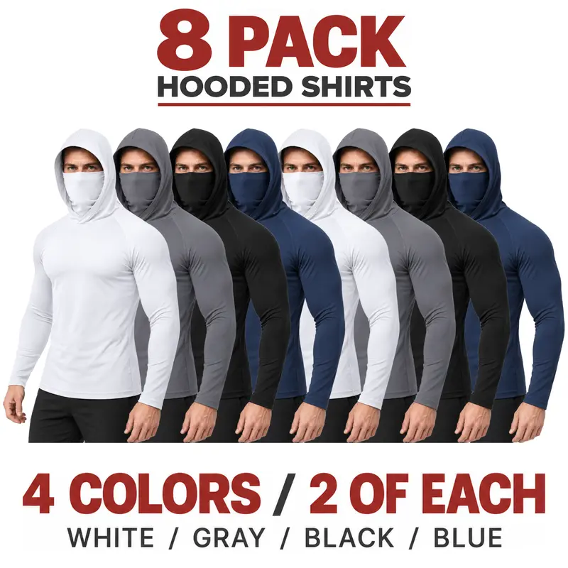 Men's Outdoor Work Sun Protection Clothing 8-Pack Breathable Long-Sleeve Hoodie with Sun-Blocking Hood Built-In Face Mask and Neck Guard