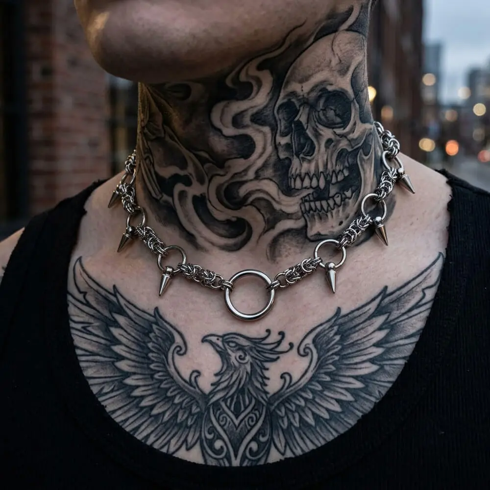 GTHIC Y2K Hip-Hop Stainless Steel Choker Necklace Decorated with Rings and Spikes Edgy Streetwear Unisex Neck Jewelry Ideal for Music Festivals and Urban Punk Outfits