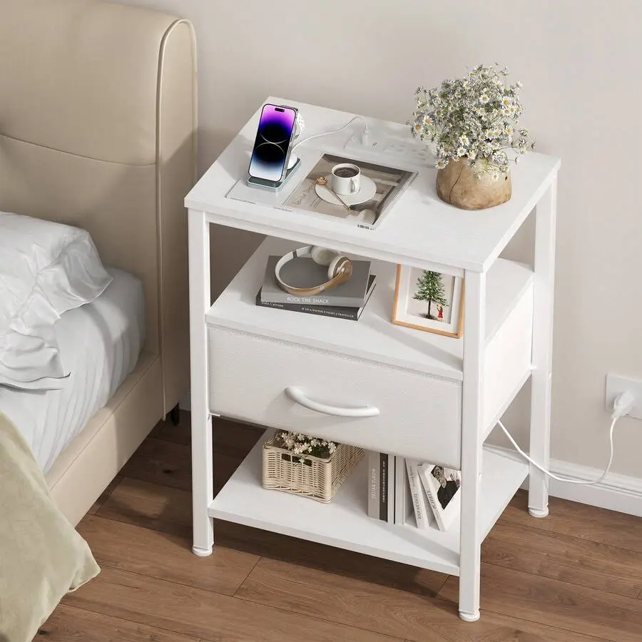 OLIXIS Nightstand With Charging Station, Bedside Tables With USB Ports And Fabric Drawer, Small Night Stand With Open Adjustable Shelf, Compact End Table For Bedroom, Black