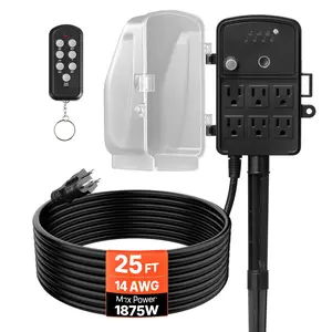 Outdoor Power Stake And 25-Foot Extension Cord, Weatherproof Power Strip With Cover, Remote-Control Dusk-to-Dawn Light Timer, Waterproof, 6 Outlets, 1875W/15A, Ideal For Christmas Lights, Garden And Outdoor Decor