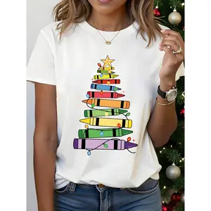Crayon Christmas Tree Graphic Print T-shirt, Short Sleeve Crew Neck Casual Top for Summer & Spring, Women's Clothing