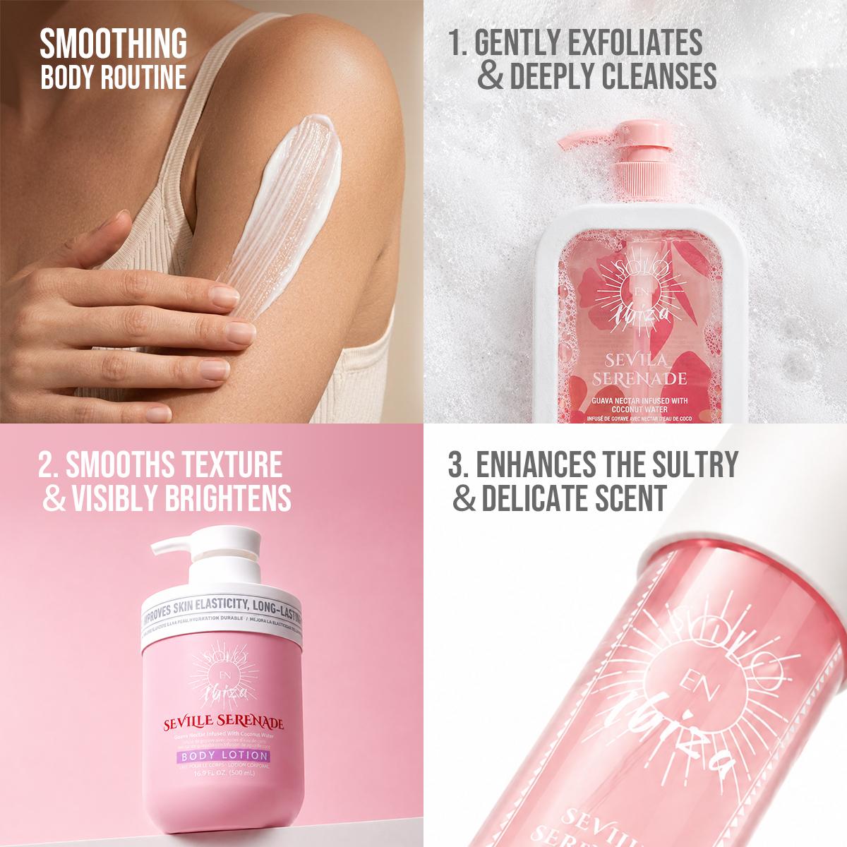 SOLO EN IBIZA Seville Serenade 3-Piece Bath & Body Layering Set, 6.1 fl oz (180ml) Fragrance Mist & 16.9 fl oz (500ml) Body Lotion & 16.9 fl oz (500ml) Body Wash, Long-Lasting Fruity Gourmand Scent