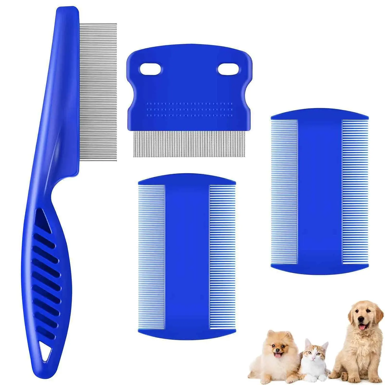 4-Pack Pet Grooming Combs, Stainless Steel Rounded-Tooth Combs for Dogs & Cats, Double-Sided Dematting Tools for Small, Medium & Large Pets