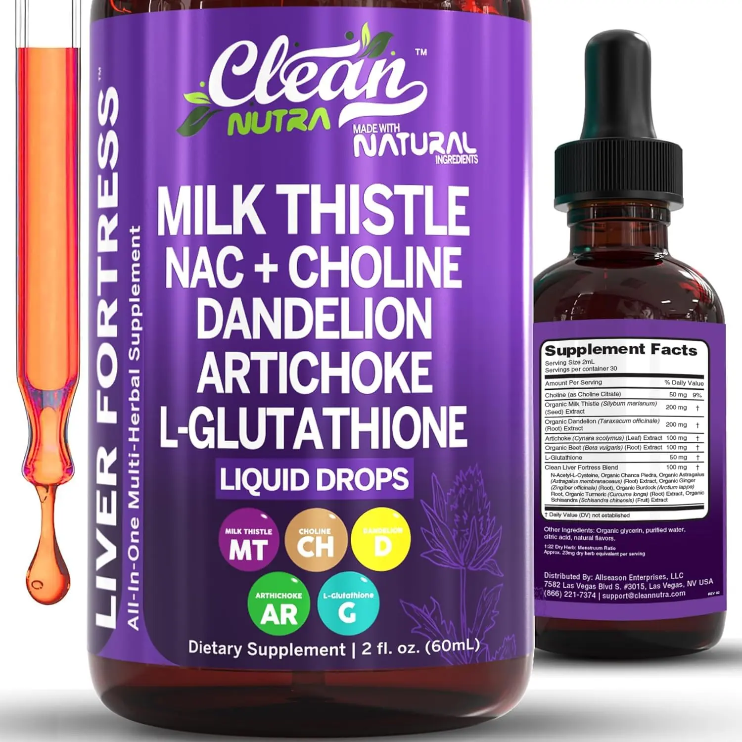 Clean Nutra Milk Thistle, NAC, Dandelion Extract, Artichoke, & Chanca Piedra Liquid Drops for Liver Cleanse Detox & Repair Supplement - Liver Fortress