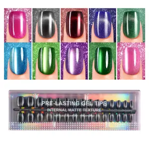 Cat Eye Press on Nails Short Square, 300Pcs Soft Gel Fake Nails, Glossy Glitter Cat Eye Nail Tips for Women and Girls Stick On Nails in 15 Sizes