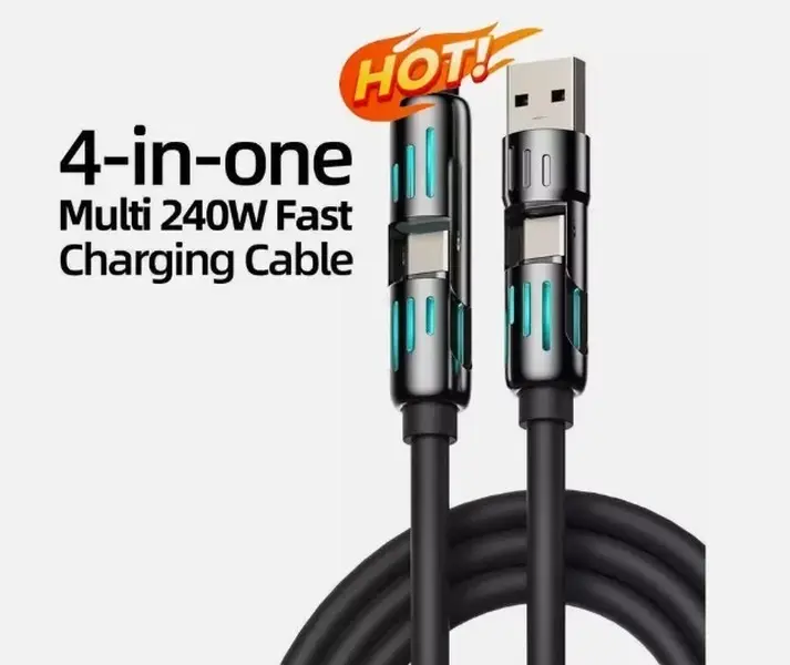 4-in-1 Charger Multi 240W Fast Charging super Liquid Silicone Cable with USB A Type C Lightning for iPhone17&Samsung Laptops Charger