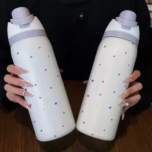 32oz Dual-Use Sports Water Bottle, Hydration Tumbler, Colorful Polka Dot Pattern, 304 Stainless Steel Vacuum Insulated, Large Capacity Fruit Cup, Perfect Gift