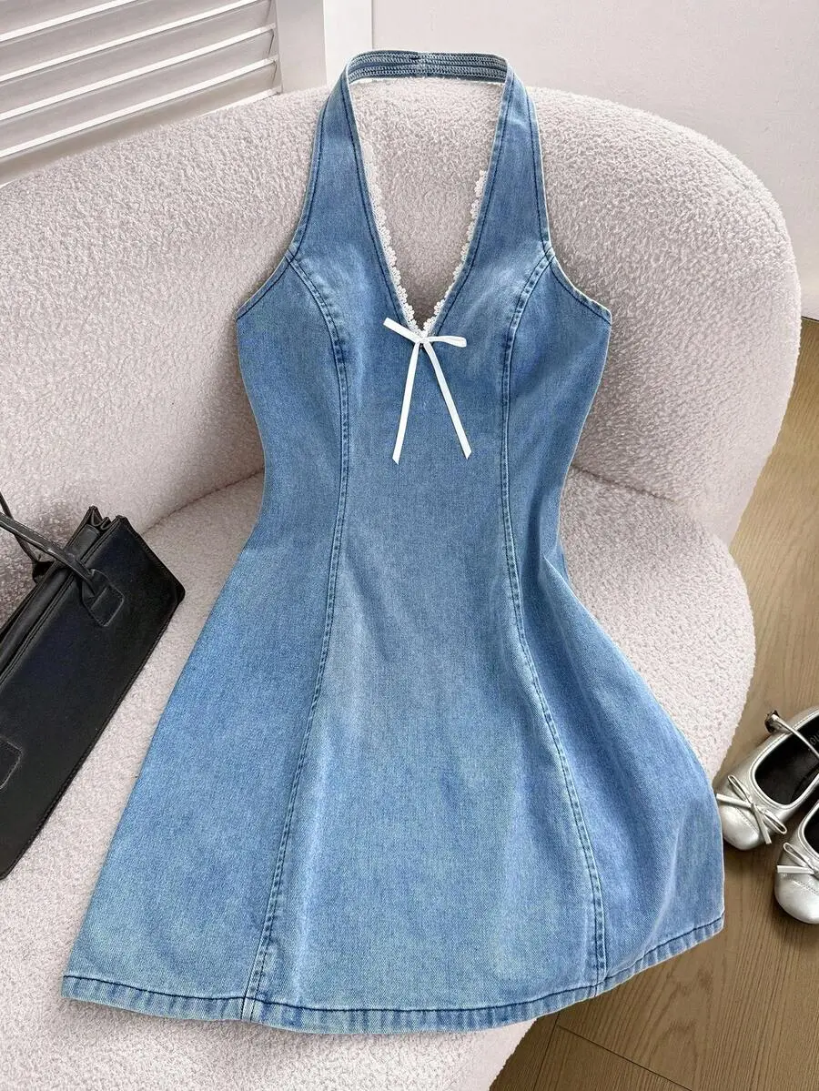 JEANDY Casual Halter Denim Mini Bodycon Dress, Blue,Summer Outfits For Women,Rave Outfit,Open Back Dress,Gyaru Outfits