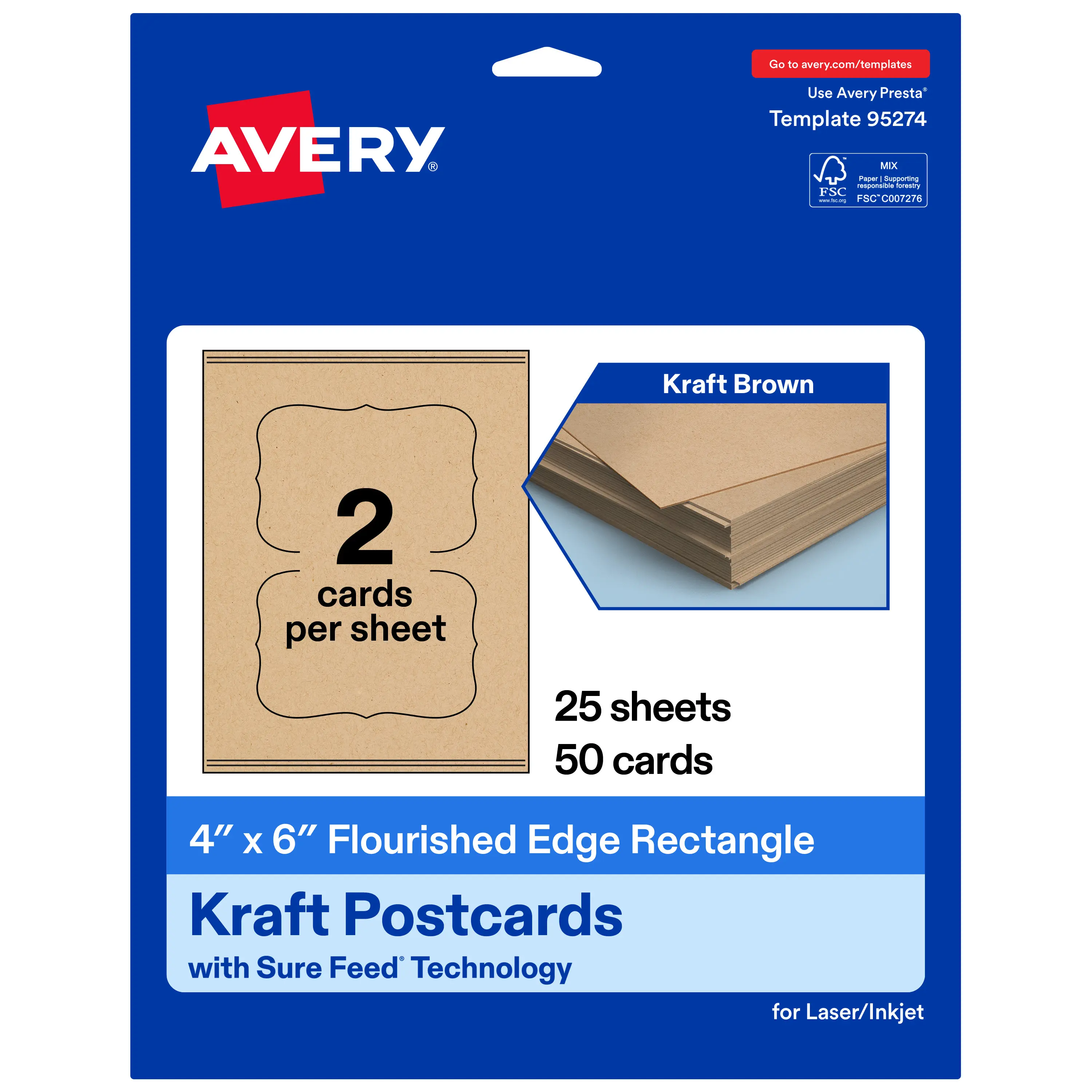 Avery 4" x 6" Rectangle Flourished Edge, Kraft Brown Postcards