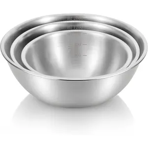 3 Packs Stainless Steel Mixing Bowls with Measurement Marks, Thicker Stainless Steel Flat Bottom Mixing Bowls Set, Stackable Salad Bowl for Cooking, Baking, Salad, Vegetables