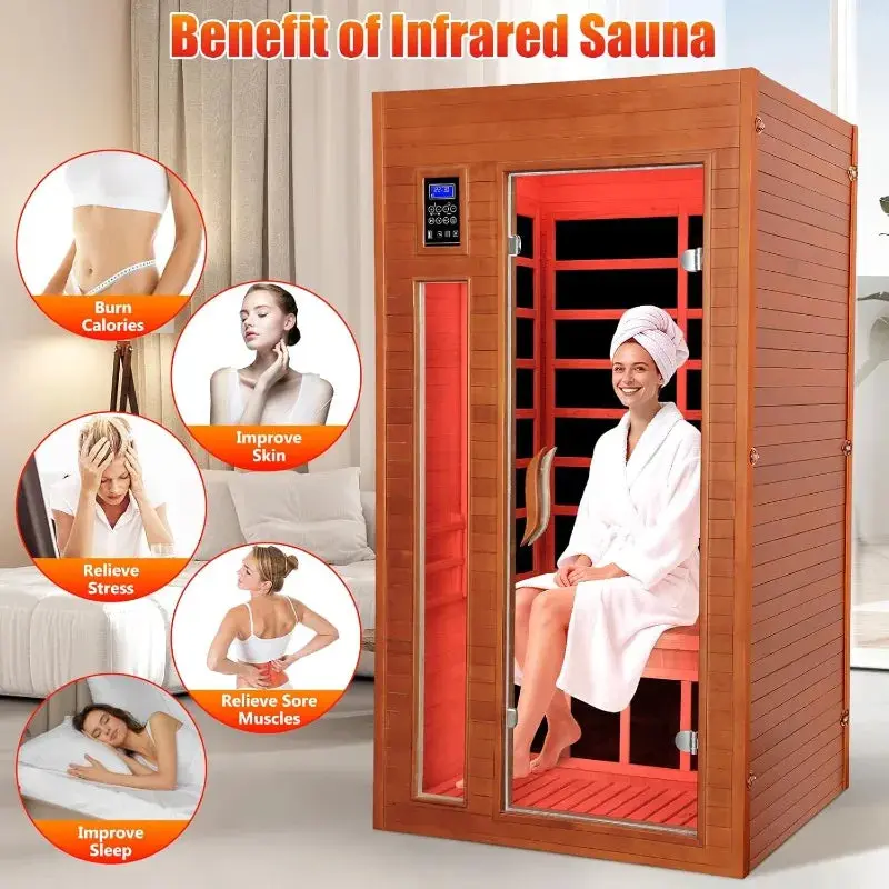Rectangular Hemlock Wood 1-2 Person Infrared Sauna with Red Light Therapy & 7-Color Chromotherapy