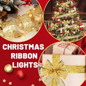 32FT & 65FT Christmas Ribbon Light Equipped with 100 & 200 Christmas Tree LED Lights Suitable for Christmas Parties New Year Halloween Decoration Wedding Decoration (Gold Ribbon Bows/Warm Light) Coloring Star Bling Glitter