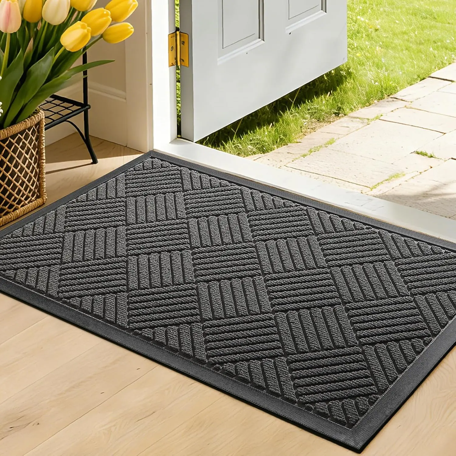 Front Door Mat, Heavy Duty Waterproof Doormat 29.5"x17", Grey | Indoor Outdoor Non-Slip Low Profile Dirt Trapper Absorbent Rubber Mat for Entryway, Stain Fade Resistant Easy Clean