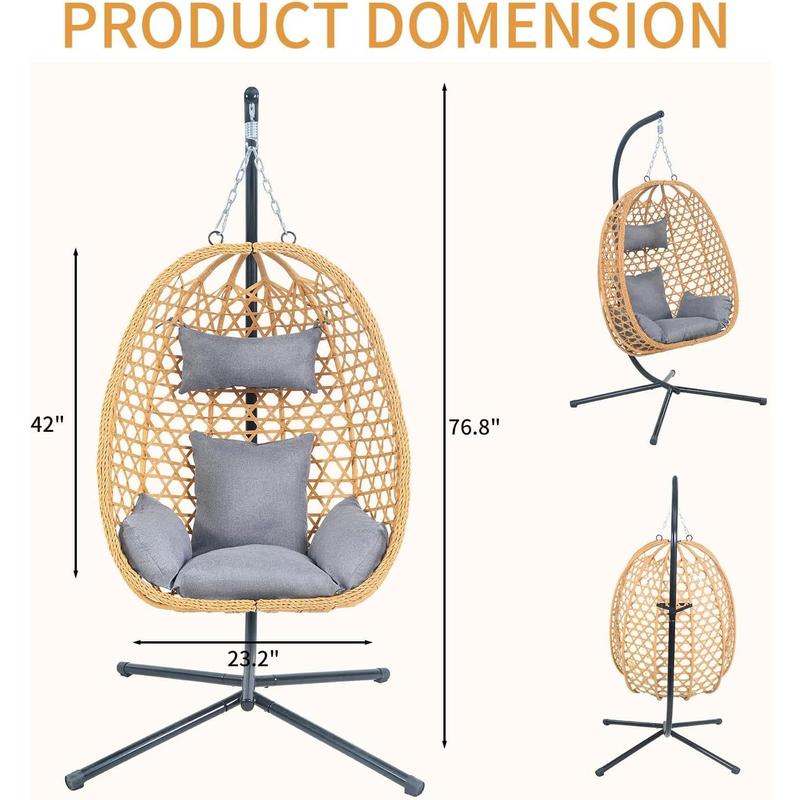 EortheX Hanging Egg Chair with Cushions – Comfortable Rattan Swing Chair with Stand for Patio, Garden, or Balcony – Stylish and Relaxing Outdoor Lounge Chair, 350LBS Capacity Indoor Outdoor