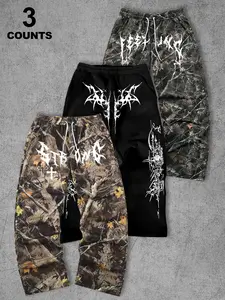 Men's Street Style Casual Camo Print Straight Leg Pants, Loose Fit Summer Fashion, Vintage Hip Hop, Pack of 3, Tree Branch Design, Camouflage, Natural