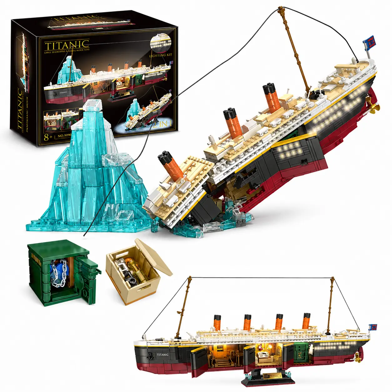 TOKMOC 2288 Pieces,RMS Titanic Building Block Set with Iceberg Sinking Scene,3 Visible Cabins,Glacier Design,Glowing Light Strip,Collecting Giant Ship Building Model,Birthday Gift and Home Decoration,For Aged 12 and Above,Stress Relief Toy,66010