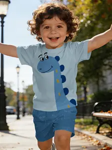 Dinosaur set, baby short-sleeve set with all-over printed small dinosaur outline patterns, baby casual children's clothing, suitable for daily and outdoor activities. The T-shirt is 100% polyester, a perfect gift for babies!