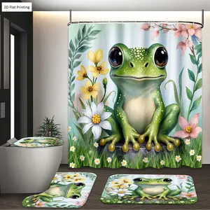 1/3/4PCS FROG SURROUNDED BY FLOWERS AND PLANTS Shower Curtain Set with Rugs, Non Slip Bath Mat, U-Shape Carpet, Toilet Lid Cover, Bathtub Curtain Accessories, 12 Hooks, Home Bathroom Festival Decor