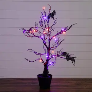 2' Pre-Lit Artificial Halloween Black Spooky Twig Tree with Bats and 40 Orange & Purple LED Lights