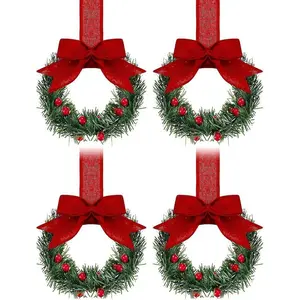 4-Piece Christmas Mini Faux Flower Wreath Set, windows wreathes with ribbon bows & red berries -small cabinet hangers ，farmhouse style kitchen dooe decor for Christmas party ，Festive Cabinet Decoration, Ribbon Accents, Berry Bow Hanging Ornaments